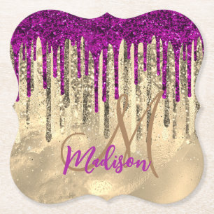 Chic guld och shock rosa droppar, monogram underlägg papper