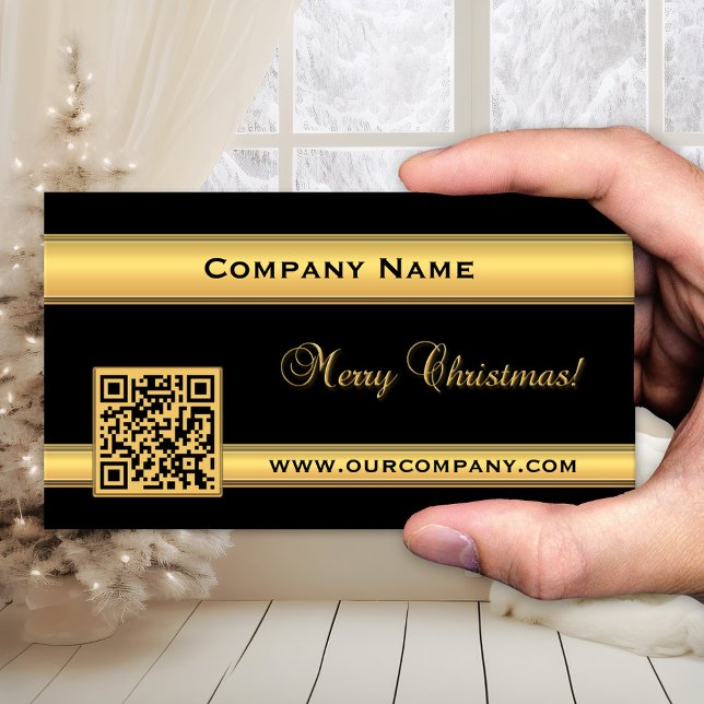Chic Guld och svart Affärskort till jul Visitkort (Elegant Christmas holidays business card in chic black and gold with QR code template)