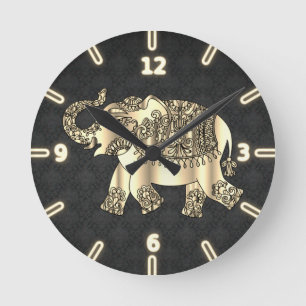 Chic Guld Paisley Blommig Elefant, Svart Damaskus Rund Klocka
