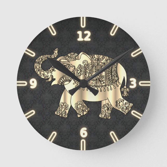 Chic Guld Paisley Blommig Elefant, Svart Damaskus Rund Klocka (Framsida)