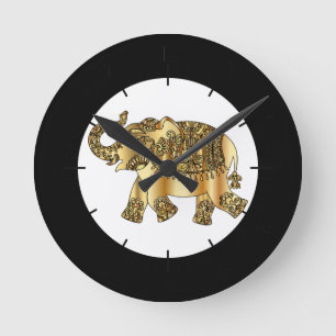Chic Guld Paisley Blommigt Elephant Rund Klocka