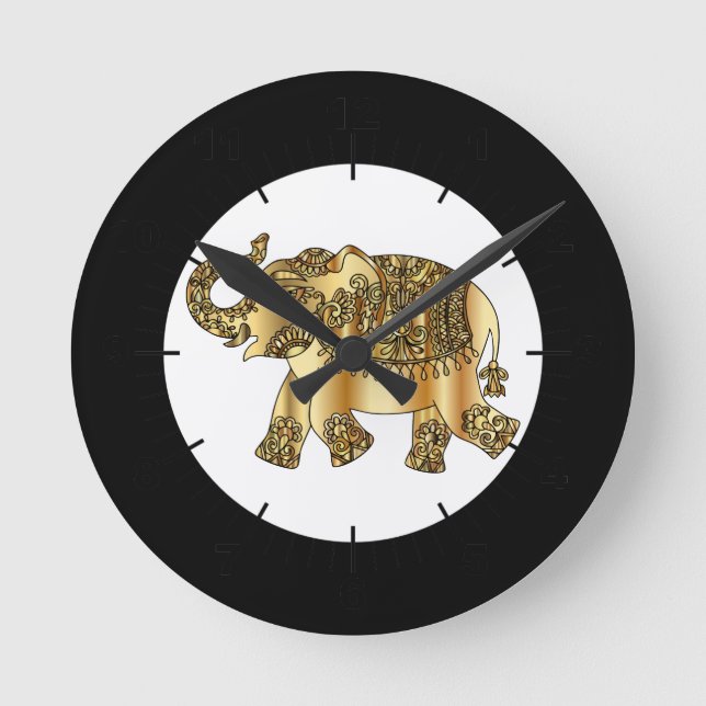 Chic Guld Paisley Blommigt Elephant Rund Klocka (Framsida)