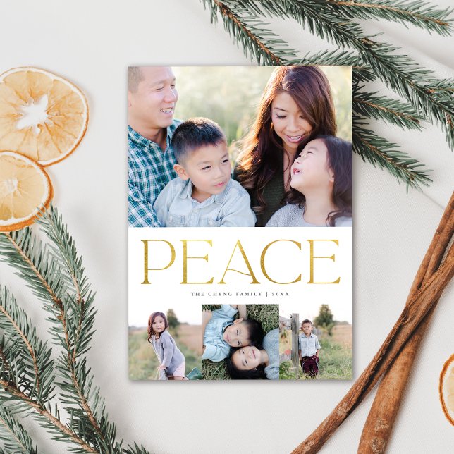 Chic Guld Peace on Earth-Helgdag Multi-Photo Card Julkort (Skapare uppladdad)