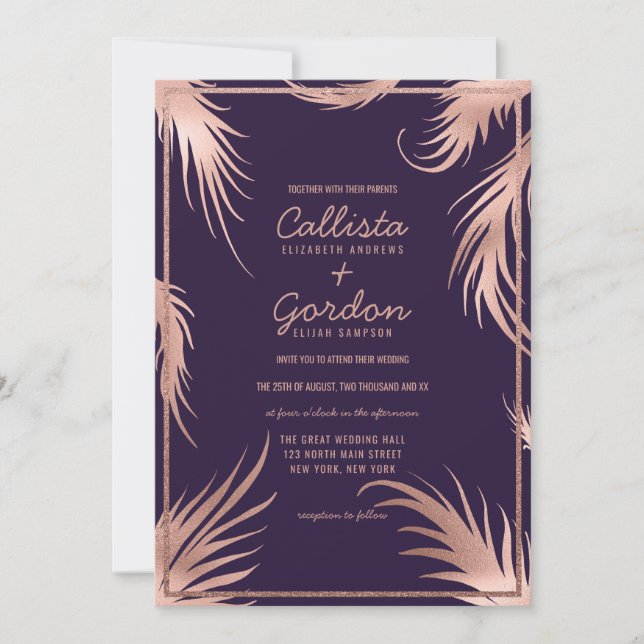 Chic Guld Plum Löv Glitter Gräns Bröllop i Ro Inbjudningar (Framsida)
