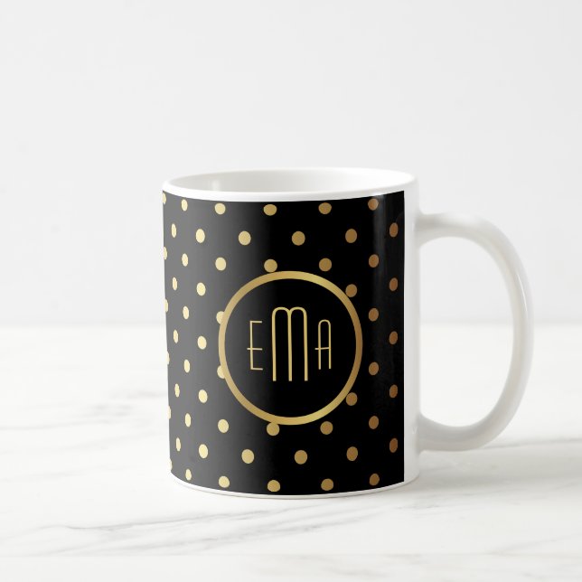Chic Guld Polka dots på svart med Monogram Kaffemugg (Höger)