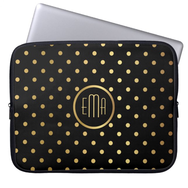 Chic Guld Polka dots på svart med Monogram Laptop Sleeve (Framsidan)