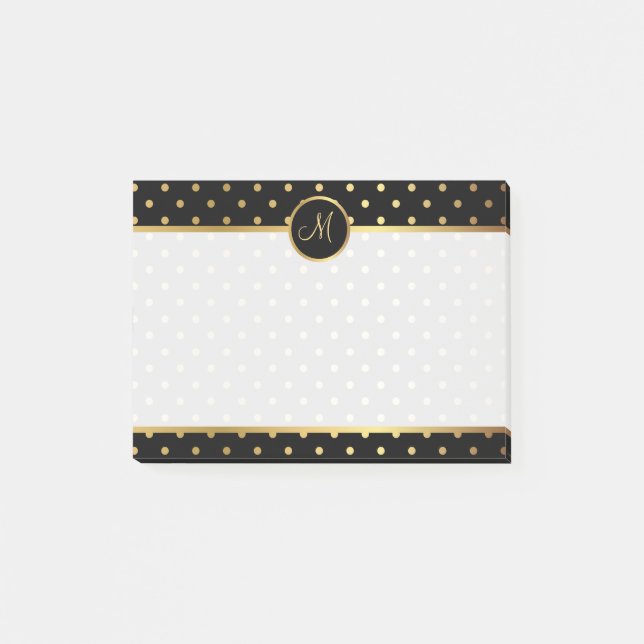 Chic Guld Polka dots på svart med Monogram Post-it Block (Framsida)