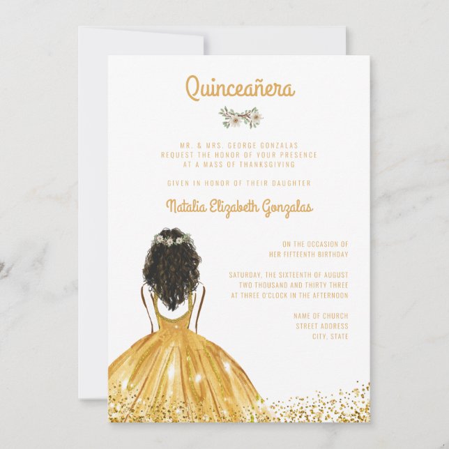 Chic Guld Princess Boll Gown Quinceanera Inbjudningar (Framsida)