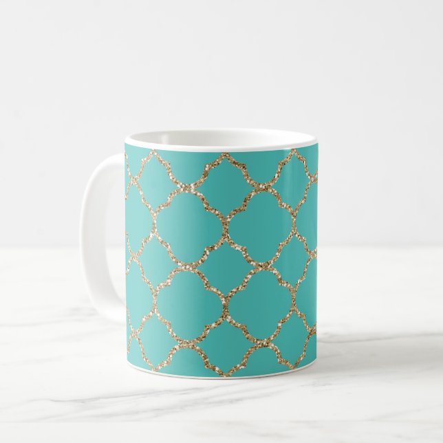 Chic Guld Quatrefolie Teal White Coffe Mugg (Framsida vänster)