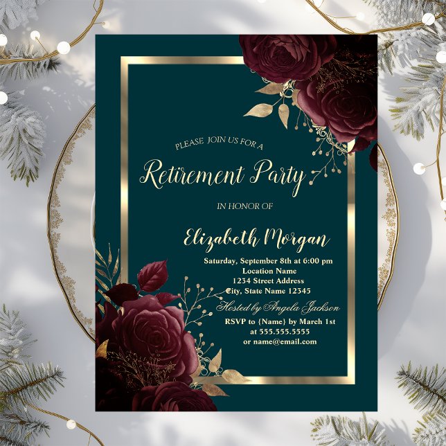 Chic Guld Ram Burgunder Rosor Grön Pensionering Inbjudningar (Skapare uppladdad)