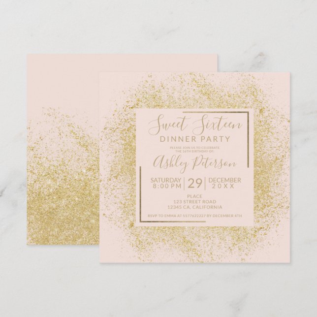 Chic guld ram chic glitter,  rosa 16 sötvatten inbjudningar (Fram/baksida)