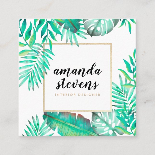 Chic guld ram, den tropiska grönten löv fyrkantigt visitkort (Framsida)