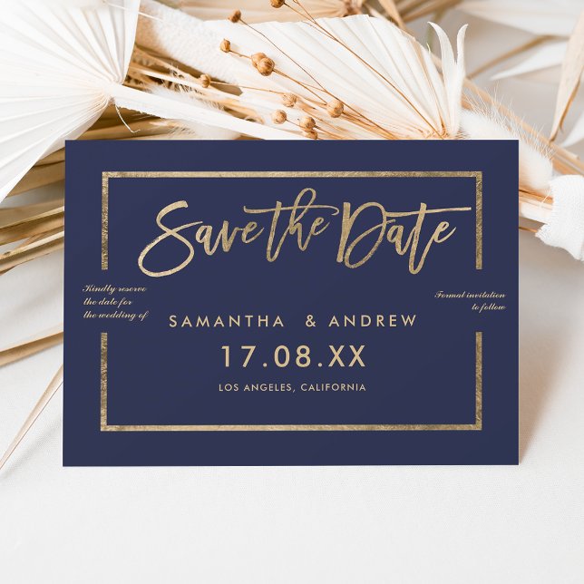 Chic guld ram-skript, marinblått spara datumet (Chic gold frame script navy blue save the date)