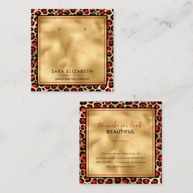Chic Guld Red Leopard Print Earring Visning Card Fyrkantigt Visitkort (Fram/baksida)
