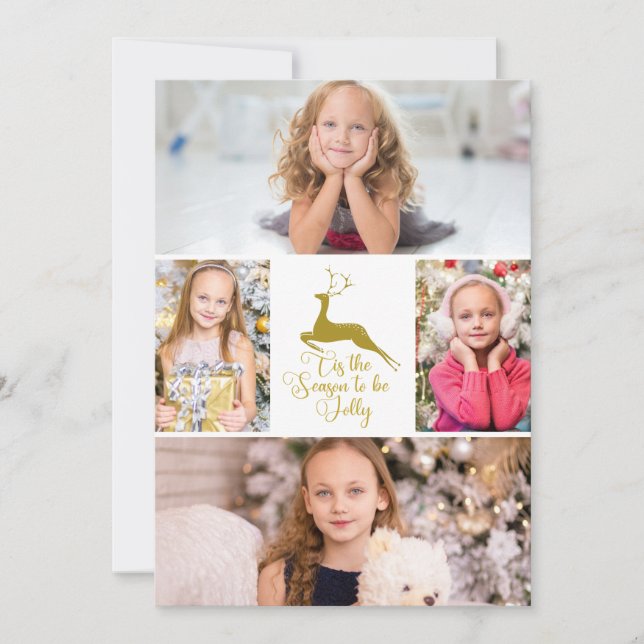 Chic Guld Reindeer Tis Season Photo Collage Julkort (Framsida)