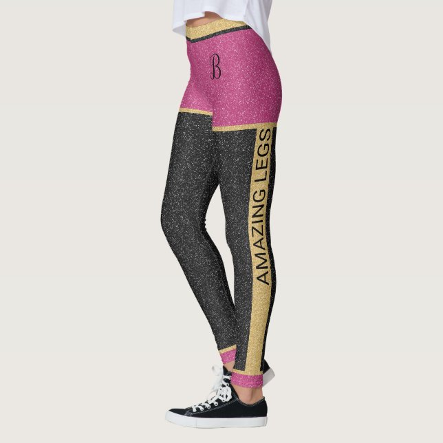 Chic Guld Rosa Black Glitter, Anpassade Monogram Leggings (Vänster)