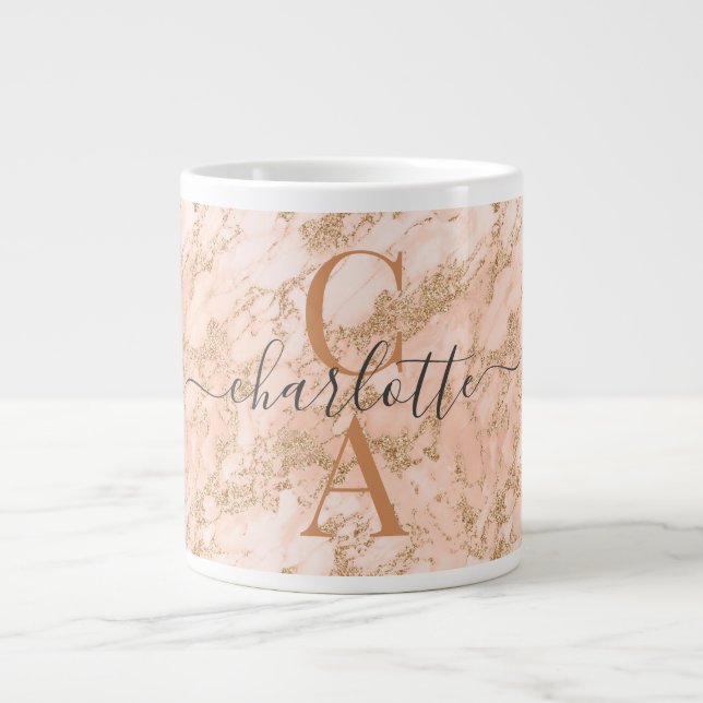 Chic Guld  Rosa Marble Glitter Initialer Namn Jumbo Mugg (Framsidan)