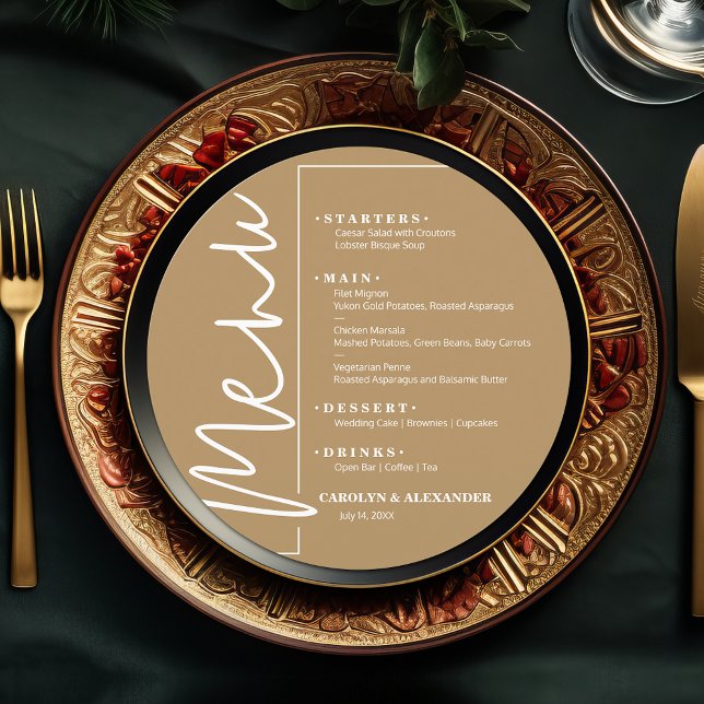 Chic Guld Rund Meny (Chic Gold round menu ready to be personalized for your sit-down dinner occasion.)
