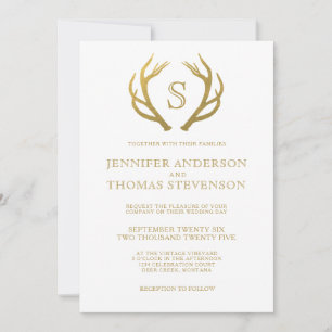 CHIC GULD RUSTIKT HJORTBRÖLLLOPSMONOGRAM INBJUDNINGAR