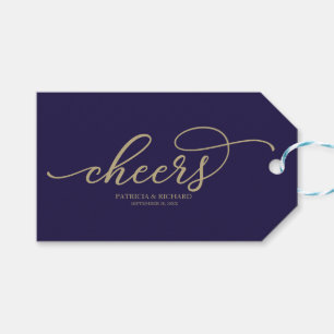 Chic Guld Script Cheers Navy Blue Vin Flaska Märkr Presentetikett