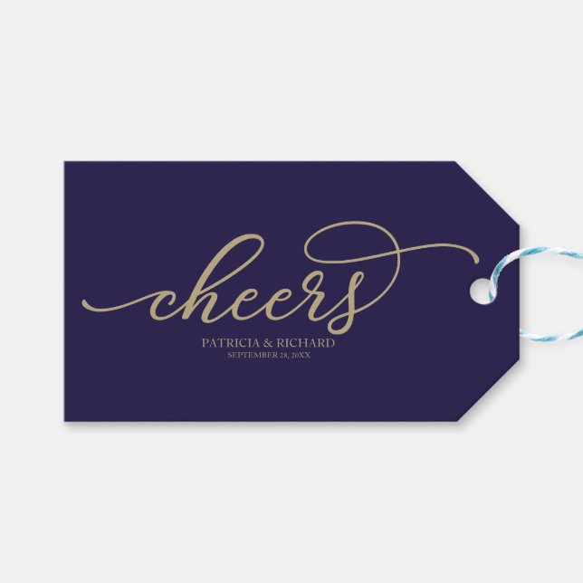 Chic Guld Script Cheers Navy Blue Vin Flaska Märkr Presentetikett (Framsidan (Horisontell))