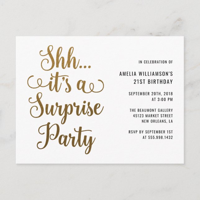 Chic Guld Shh... Det är en överraskande Party-typo Inbjudan Vykort (Framsida)