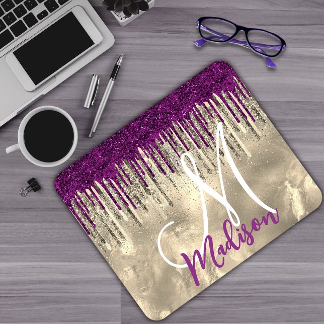 Chic guld, shock rosa lila glitter droppar monogra musmatta (Skapare uppladdad)