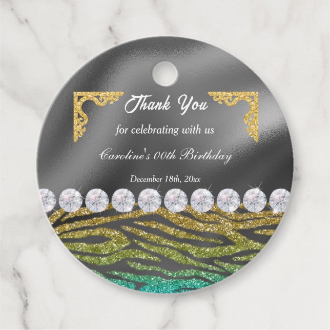 Chic Guld Silver Foil & Teal Zebra tryck Gåvor Etiketter (Framsida)