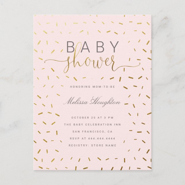 Chic Guld Sprinkle Confetti & Rosa Baby Shower Inbjudan Vykort (Framsida)