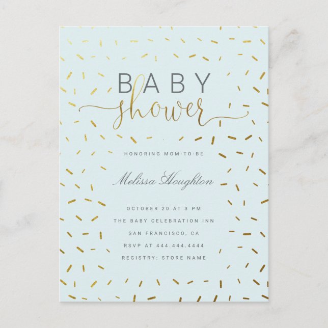 Chic Guld Sprinkle Confetti Script Baby Shower Inbjudan Vykort (Framsida)