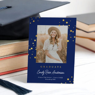 Chic Guld Stars Blue Photo Studenten annons Inbjudningar