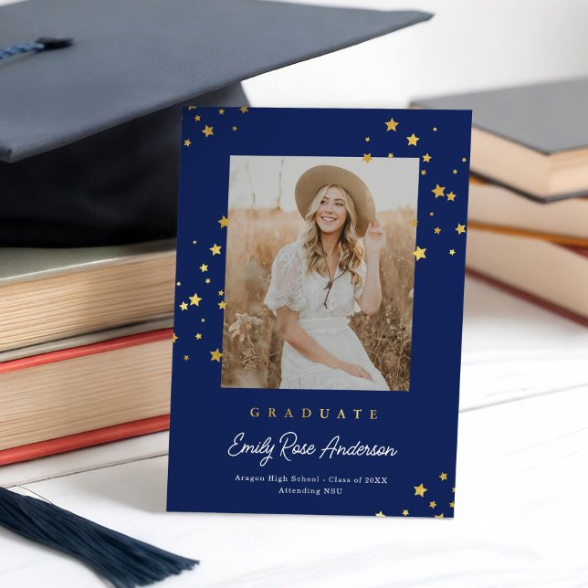 Chic Guld Stars Blue Photo Studenten annons Inbjudningar (Skapare uppladdad)