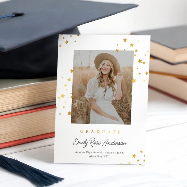 Chic Guld Stars Wht Photo Studenten meddelande Inbjudningar (Skapare uppladdad)