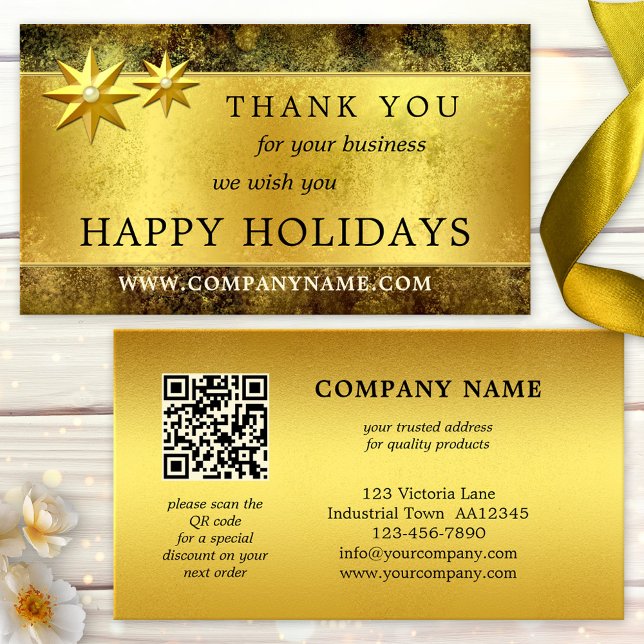 Chic Guld Tack QR Juli-Affärskortet Visitkort (Elegant Christmas business card featuring a gold stylized design with stars and your custom QR code)