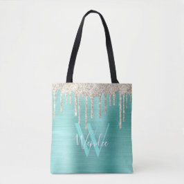 Chic Guld Teal Drip Glitter Monogram Glam Tygkasse