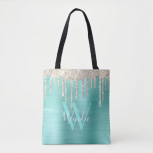 Chic Guld Teal Drip Glitter Monogram Glam Tygkasse
