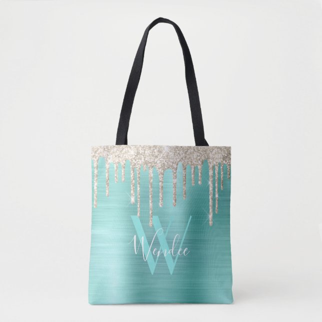 Chic Guld Teal Drip Glitter Monogram Glam Tygkasse (Framsida)