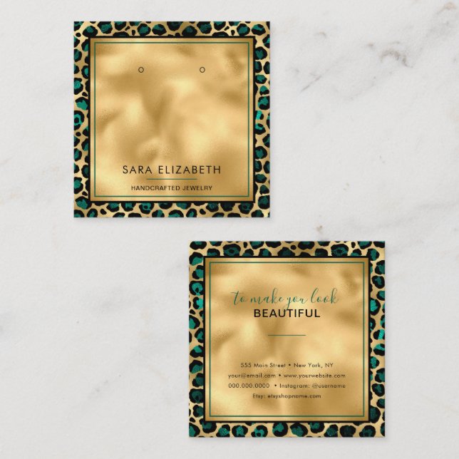 Chic Guld Teal Leopard Skriv ut Visning Card Fyrkantigt Visitkort (Fram/baksida)