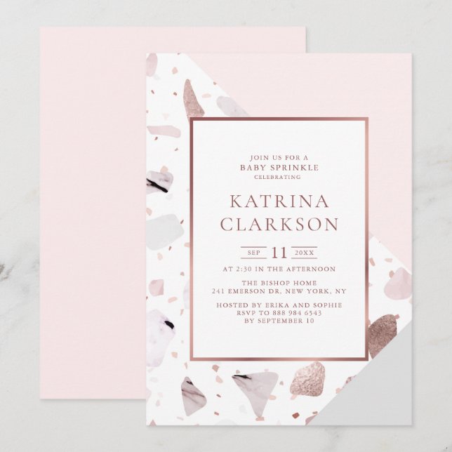 Chic Guld Terrazzo Mönster Girl Girl Baby Sprinkle Inbjudningar (Fram/baksida)