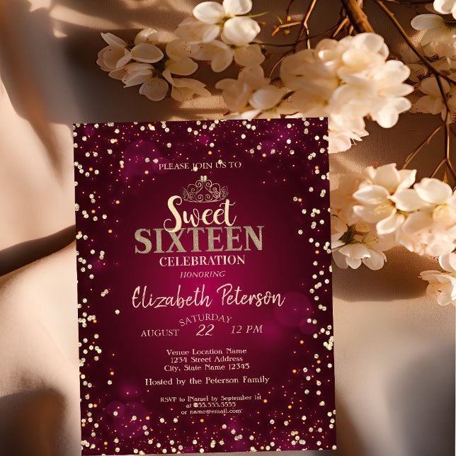 Chic Guld Tiara,Diamonds Burgundy Sweet 16 Party Inbjudningar (Skapare uppladdad)