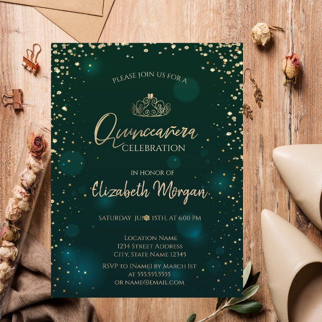 Chic Guld Tiara,Diamonds Grönt Quinceañera Inbjudningar (Skapare uppladdad)