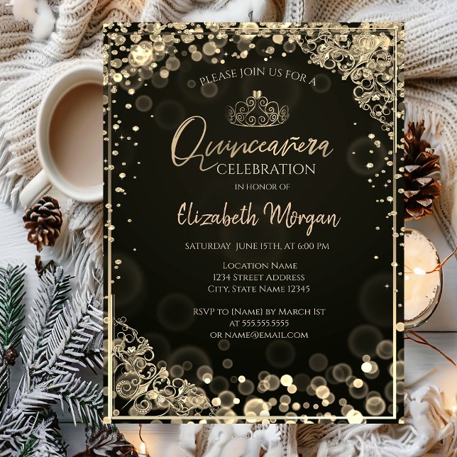 Chic Guld Tiara,Diamonds Mörk Bokeh Quinceañera Inbjudningar (Skapare uppladdad)