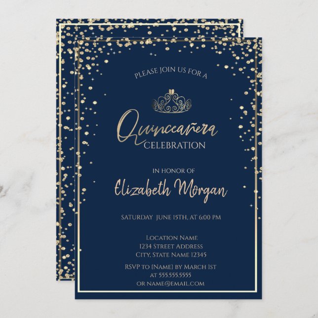 Chic Guld Tiara,Diamonds Quinceañera Inbjudningar (Fram/baksida)