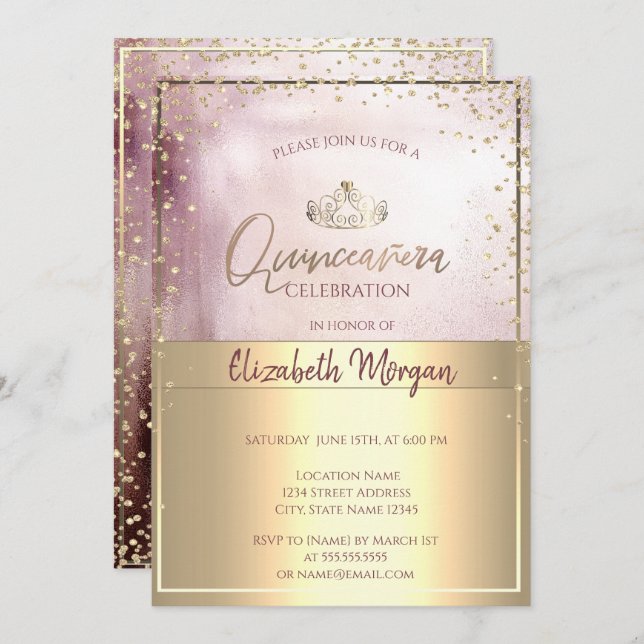 Chic Guld Tiara,Diamonds Ro Guld Quinceañera Inbjudningar (Fram/baksida)