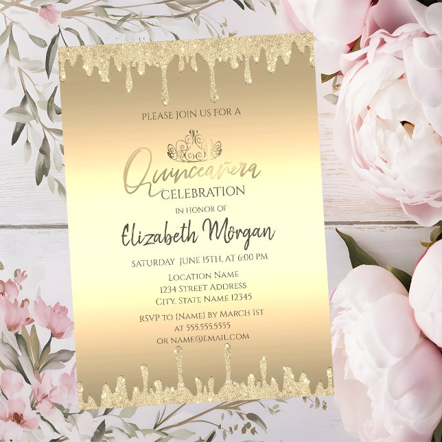 Chic Guld Tiara,Glitter Drips Guld Quinceañera Inbjudningar (Skapare uppladdad)