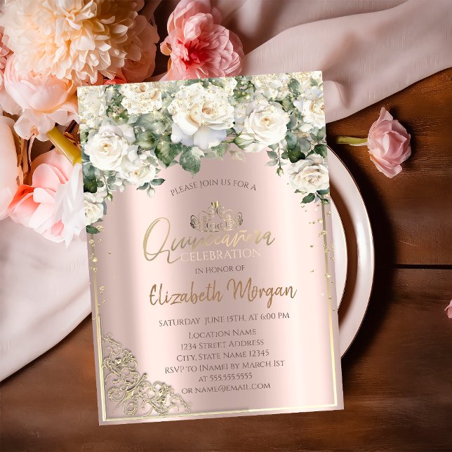 Chic Guld Tiara,Vit ros Diamonds Quinceañera Inbjudningar (Skapare uppladdad)