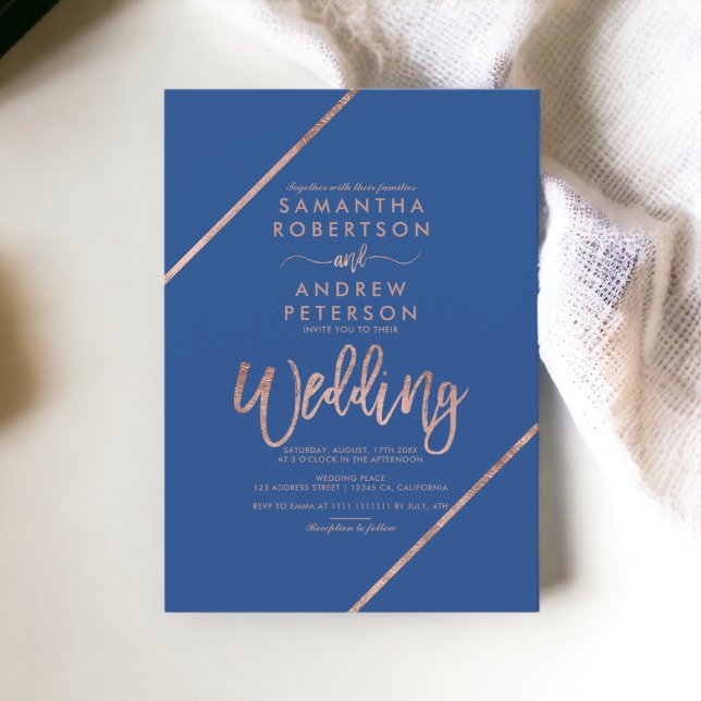 Chic Guld typografi (blått bröllop) Inbjudningar (Chic rose Gold typography blue wedding Invitation)