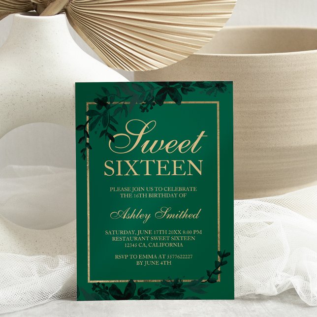 Chic guld typografi Blommigt grönt löv Sweet 16 Inbjudningar (Skapare uppladdad)