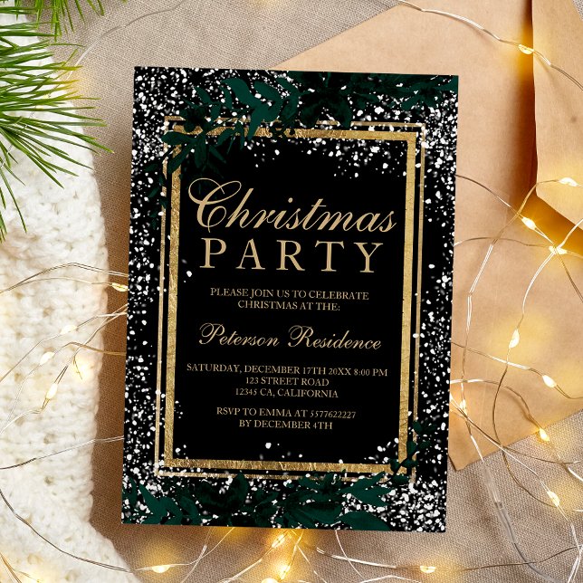 Chic guld-typografi löv snö elegant jul inbjudningar (Chic gold typography leaf snow elegant Christmas Invitation)