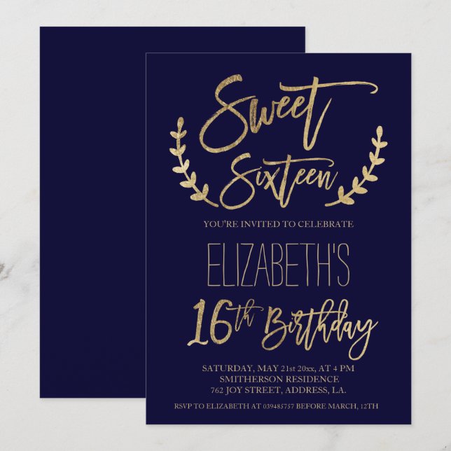 Chic guld typografi marin Sweet sixteen Inbjudningar (Fram/baksida)